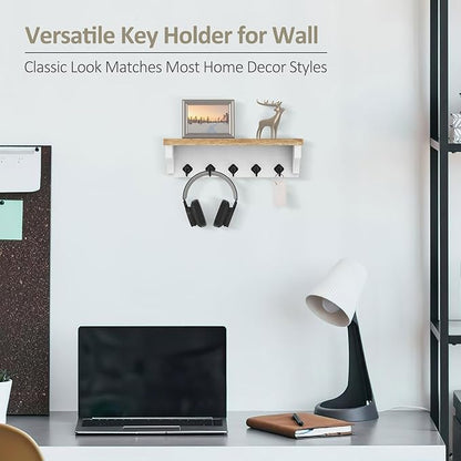 Nekon Key Holder for Wall, 11.8" W x 3.5" H x 2.8" D Decorative Key Organizer with Floating Shelf, Wall Mount Key Rack with 5 Hooks (Wood)