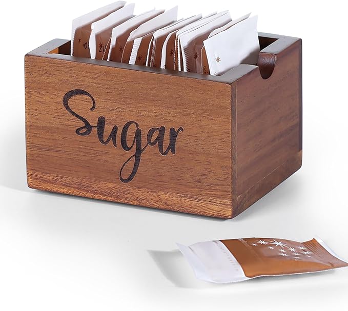 Acacia Sugar Packet Caddy for Coffee Bar, Farmhouse Wood Sugar Holder Packets , Sugar Packet Container, Small Tea Bag Organizer for Office Table,Hotel, Restaurant, Brown Labeled Sugar