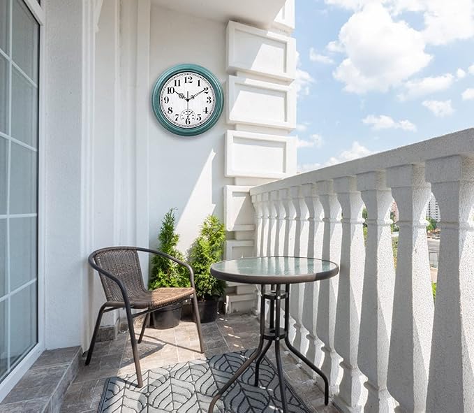 zyzamay 12 Inch Indoor Outdoor Clocks,Waterproof Wall Clock with Thermometer,Easy to Read,Non-Ticking Battery Operated Quality Quartz Clock, Decorative for Patio,Porch,Pool,Bathroom,Deck(Green)