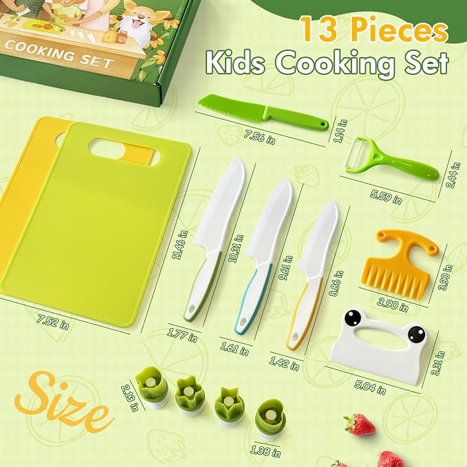 Chanking 13 Pieces Kids Safe Knife Set for Real Cooking Child-Friendly Plastic Chef Tools Montessori Kitchen Toys for Toddlers Birthday Gifts for Boys and Girls Ages 4+ (B)
