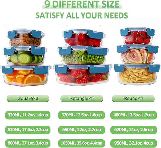HOMBERKING Glass Food Storage Containers with Lids, [18 Piece] Glass Meal Prep Containers, Airtight Lunch Bento Boxes, BPA-Free & Leak Proof (9 lids & 9 Containers) - Deep Blue
