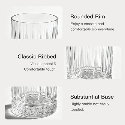 Ruckae Drinking Glasses Set of 8,15 oz and 7 oz Kitchen Water Glass Cups Set,Clear Ribbed Glassware Dishwasher Safe,Mixed Drinkware for Beer,Juice,Cocktail,Whiskey,Milk and Various Mixed Drinks