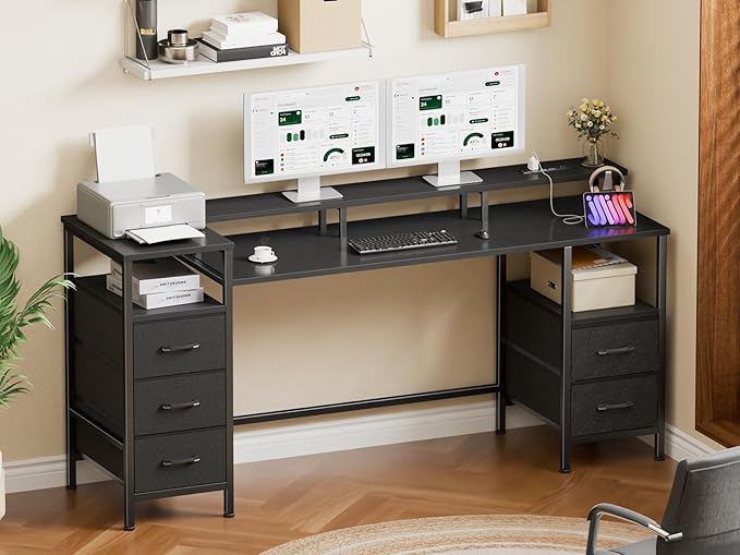 61 Inch Computer Gaming Desk with Power Outlets & LED Lights Reversible Home Office Desk with Adjustable 5 Fabric Storage Drawers for Working Writing Study, Black