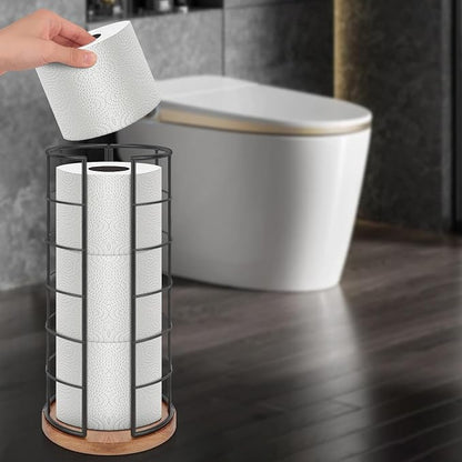 NearMoon Toilet Paper Organizer Stand, Freestanding 3 Rolls Tissue Storage, Metal Bathroom Accessory, Rustproof Toilet Roll Holder for Kitchen Countertop Inside Cabinet Shelf(Wooden Base, Matte Black)