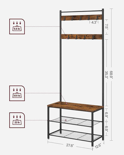 VASAGLE Coat Rack, Hall Tree with Shoe Storage Bench, Entryway Bench with Shoe Storage, 3-in-1, Steel Frame, for Entryway, 12.6 x 27.6 x 68.9 Inches, Industrial, Rustic Brown and Black UHSR41BX