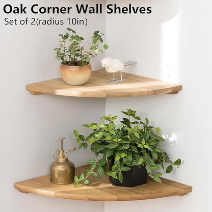 Conamily Corner Shelves, Floating Corner Shelf, Set of 2 10inch Solid Oak Wood Corner Wall Shelves, Round End Wall Mount Display Shelf with Wire Hole for Bedroom Kitchen, Living Room