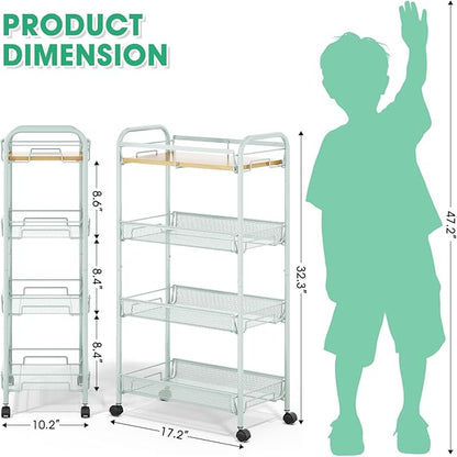 TOOLF 4-Tier Rolling Cart, Metal Utility Cart, Slide Out Storage Cart with Wooden Tabletop and Mesh Baskets for Narrow Space on Kitchen Bathroom Laundry Room Bedroom Apartments Dormitory (Green, Wide)