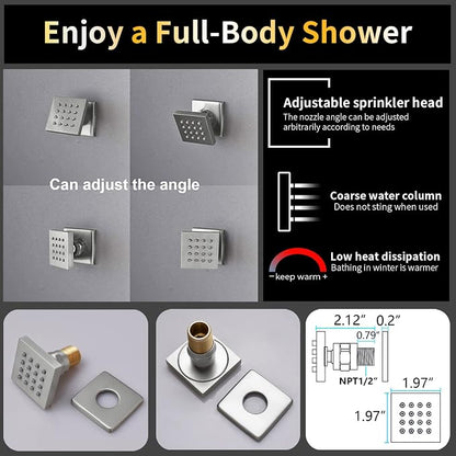 AYIVG Brushed Nickel Thermostatic Rainfall Shower System 16 x 26 Inch Temperature Display Shower Faucet System with Body Jets Smart Ceiling Mount Multi Function 64 Color LED Rainfal Shower Set