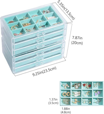 Lolalet Earring Holder Organizer Box Jewelry Storage with 6 Drawers, Clear Acrylic Stackable Earring Case with Adjustable Velvet Trays for Women on Dresser Vanity -Aqua, 6 Layers