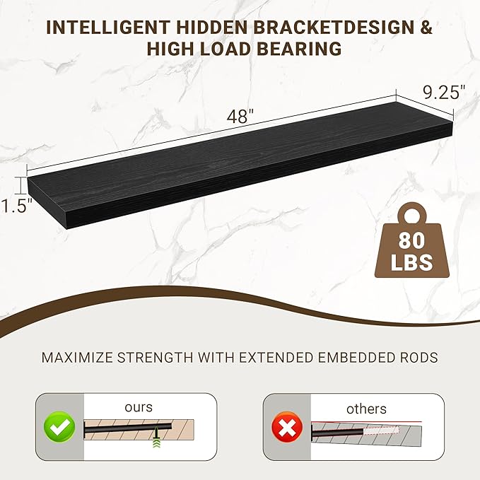Acovy 48 Inch Floating Shelves, 48"x9.25"x1.5" Inch Deep Floating Shelves for Wall, Wooden Shelves for Bathroom, Bedroom, Living Room, Black, 1 Piece