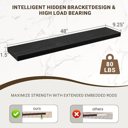 Acovy 48 Inch Floating Shelves, 48"x9.25"x1.5" Inch Deep Floating Shelves for Wall, Wooden Shelves for Bathroom, Bedroom, Living Room, Black, 1 Piece
