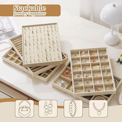 Large Velvet Jewelry Tray 2 Pack Stackable Jewelry Display Drawer Inserts Trays Organizer for Earring Bracelet Necklace Ring (Beige, 12 Grids+24 Grids)