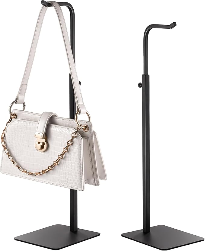 2 Pack Purse Holder Handbag Display Stand: Black Hanger Rack for Bags, Purses, and Wreath, Adjustable Hook Stand for Tabletop, Closet, and Retail Use for Vendors