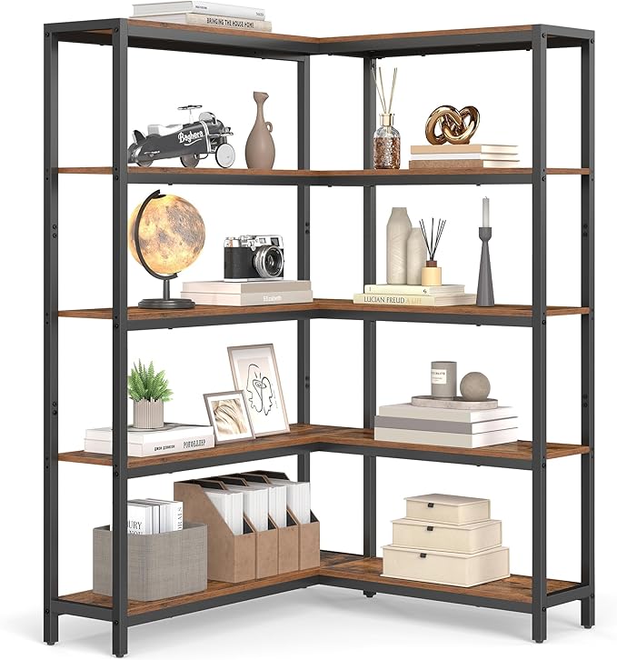 VASAGLE 5 Tier Bookshelf with Metal Frame, Convertible Industrial Corner Shelf, 9.4 x 52.8 x 55.9 Inches, for Living Room, Bedroom, Home Office, Rustic Brown and Ink Black ULLS815KD01
