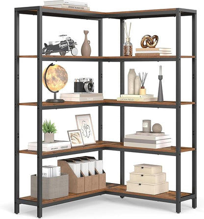 VASAGLE 5 Tier Bookshelf with Metal Frame, Convertible Industrial Corner Shelf, 9.4 x 52.8 x 55.9 Inches, for Living Room, Bedroom, Home Office, Rustic Brown and Ink Black ULLS815KD01