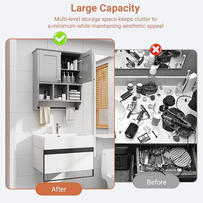 Over-The-Toilet Bathroom Storage Cabinet with Towel Bar, Space-Saving Wall Mounted Medicine Cabinet, 2 Doors & 1 Adjustable Shelf, Easy Install Grey Finish for Bathroom, Kitchen, Living Room