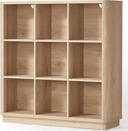 9 Cube Storage Book Shelf, 41" Tall Organizer Bookshelf with Curved Edge, Modern Floor Standing 3-Tier Cubby Bookcase with Base, Wood Display Book Case for Living Room, Home Office,Natural Oak