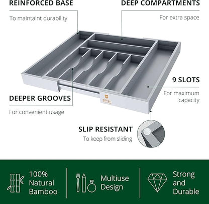 ROYAL CRAFT WOOD Luxury Bamboo Kitchen Drawer Organizer - Silverware Organizer - Utensil Holder and Cutlery Tray with Grooved Drawer Dividers for Flatware and Kitchen Utensils (9 Slot, Gray)