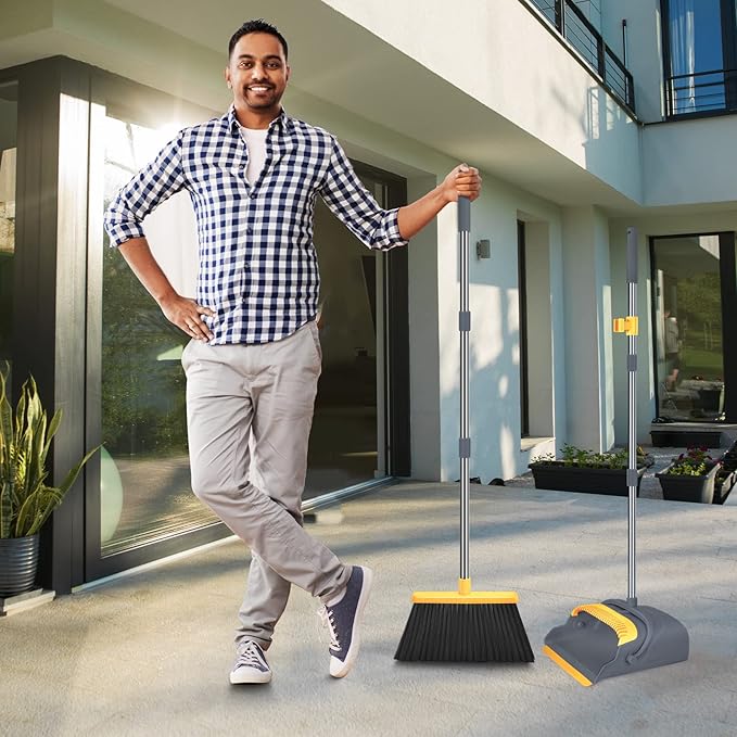 Upgrade Broom and Dustpan Set, Broom with Dustpan Combo Set, Self-Cleaning with Dustpan Teeth, Indoor&Outdoor Sweeping, Stand Up Broom and Dustpan (Gray&Yellow)