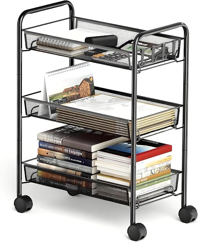 3 Tier Metal Rolling Cart with Wheels, Wire Bathroom Organizer Storage Shelves with Hooks, Utility Cart for Kitchen Laundry Room, Black