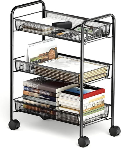 3 Tier Metal Rolling Cart with Wheels, Wire Bathroom Organizer Storage Shelves with Hooks, Utility Cart for Kitchen Laundry Room, Black