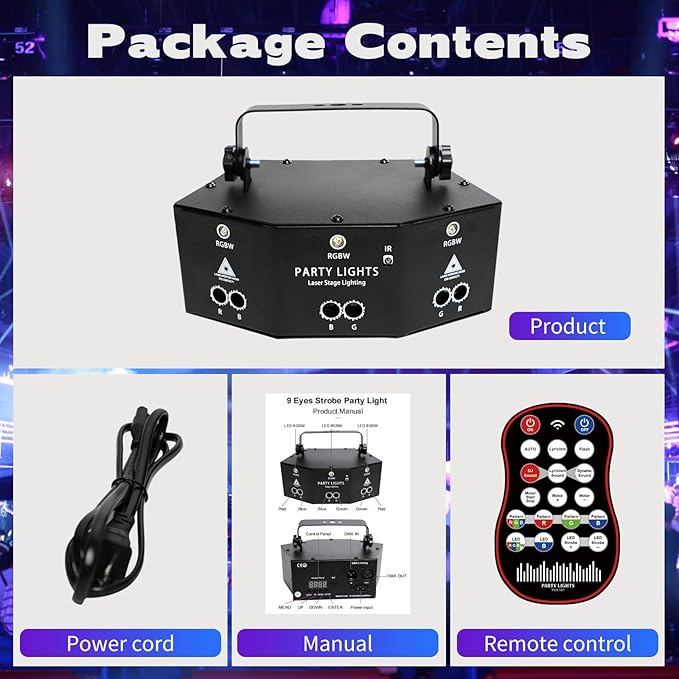 9 Eyes DJ Disco Light, RGB Party Stage Lights by Remote and DMX512 Control, Sound Activated LED Pattern Strobe Lights for Parties Live Light Show Xmas Bar Club Disco Dancing (9 Eyes Lights)