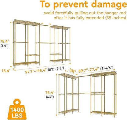 H5 Pro Heavy Duty Clothes Rack Wardrobe Closet for Hanging Clothes, Freestanding Garment Rack with Expandable Hanger Rods, Closet Organizer and Storage, (97.7-115.4")L x 15.7"W x 75.4"H, Gold