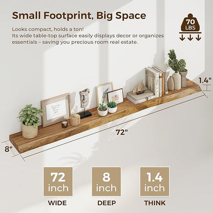 Dreamland 72 inch Floating Shelves for Wall Solid Elm Wood Live Edge Wall Mounted Shelves|Rustic Long Floating Shelves with Invisible Bracket for Bathroom Living Room Kitchen|Natural, 1 Pack