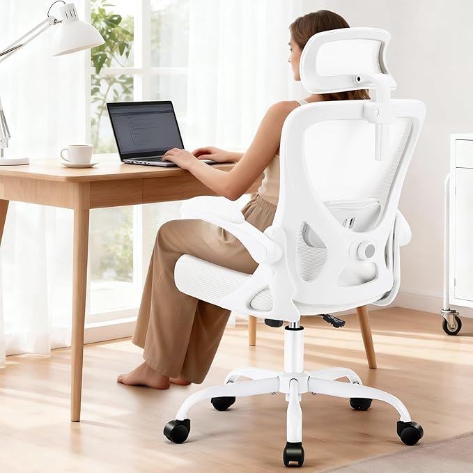 Office Chair - Ergonomic Desk Chair Breathable Mesh Chair with 2D Headrest & Adjustable Lumbar Support - Executive High Back Rolling Swivel Computer Gaming Chair with Wheels Flip-up Armrests