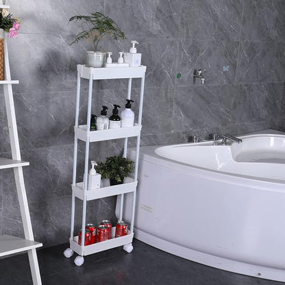 Sooyee 4 Tier Slim Storage Cart Mobile Shelving Unit Organizer Slide Out Storage Rolling Utility Cart Tower Rack for Kitchen Bathroom Laundry Narrow Places, Plastic & Stainless Steel, White