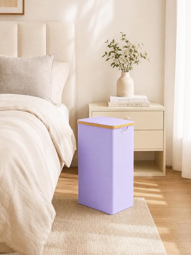 Laundry Hamper with Lid, 110L Large Laundry Basket with Removable Bag, Clothes Basket Hamper with Bamboo Frame for Clothes Towels Organizer- Purple