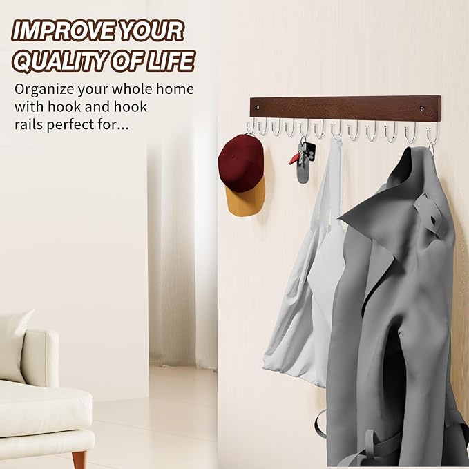 Key Hooks, Key Hooks for Wall Mounted with 12 Hooks, for Entryway, Bathroom, Hallway and Kitchen（Brown Color(1PACK)