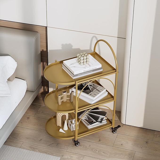 XIV Bar Cart, Metal Serving Cart for Home, Drink Cart, Rolling Beverage Cart with Lockable Wheels, Mobile Rolling Cart for Kitchen and Living Room (Gold)