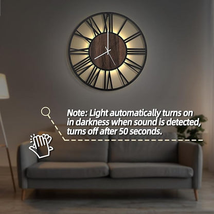 LEIKE Large Wall Clocks with Night Light Battery Operated,Silent Non Ticking,Rustic Modern Big Wood Clock for Living Room, Bedroom,Kitchen,Farmhouse,Office,Home Decor-24 Inch(Roman Numerals)