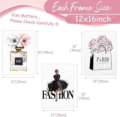 CoziTech Framed Fashion Women Canvas Wall Art for Girls Bedroom Decor, Flower Modern Pink Wall Art , Perfume Handbag Prints Wall Pictures Dorm Decor, Gift for Woman Gift for Girls. Set of 3. 12x16 in – (Ready to Hang)