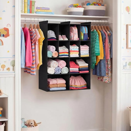 Ofiray-home 4 Tier Hanging Closet Organizer, 12 Compartments Sweater Organizer for Closet with 3 Sturdy Hooks, Closet Organizers and Storage, Wardrobe, Rv, Garment Rack, Black
