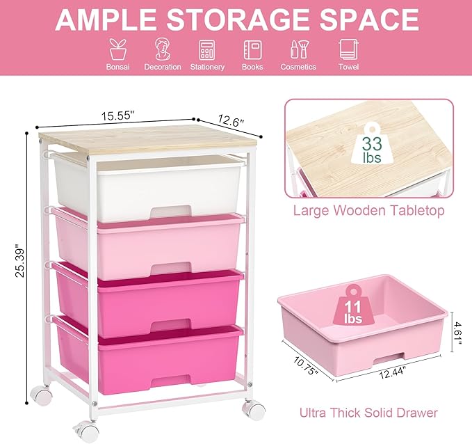 SYKIARIOL Utility-Rolling-Craft-Storage-Cart-Organizer with 4 Drawers and Wooden Tabletop, 4 Tier Drawer Cart for Home Office, Kid Room, Classroom Teacher, Dorm, Pink