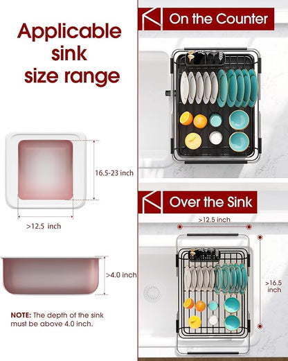 Extendable Dish Drying Rack Over Sink with Dish Drainer, Sink Organization and Storage Essentials with Silverware & Utensil Holder, Home and Apartment Decor, 12" W x 16.1~23" L, Black