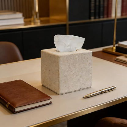 Travertine Tissue Box Cover, Heavy Duty Nature Stone Tissue Box Holder, Decorative Luxurious Travertine Square Toilet Tissue Box for Bathroom, Bedroom, Living Room, Office