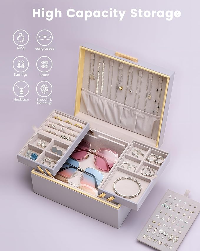 Lolalet Jewelry Box Organizer for Women Girls, 2 Layer Jewelry Organizers and Storage for Necklace Earrings Rings Bracelets, Large Jewellery Holder Case Birthday Gifts -HazePurple
