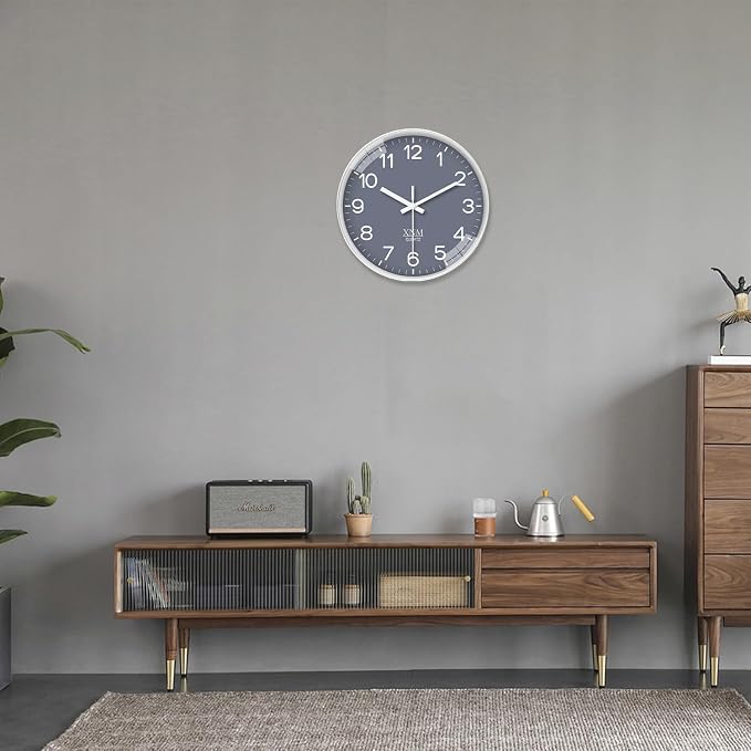 XNM 12 Inch Grey Modern Minimalist Wall Clocks Battery Operated Silent Non Ticking Classic Analog Clock for Living Room Bedroom Decor