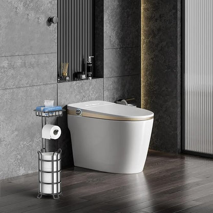 TomCare Toilet Paper Holder Stand with Shelf Free Standing Toilet Paper Roll Holder with Toilet Paper Dispenser Sturdy Metal Tissue Holder Storage Shelf for Bathroom Black