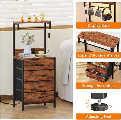 Furnulem Night Stand with Charger Station, 38'' Tall Nightstand with 4 Fabric Drawers and LED Lights, Bedside Table with Storage Shelf for Bedroom, Office, Metal Frame, Wood Shelves, Rustic Brown | with Charging Station