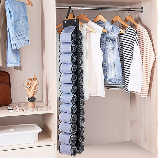 DHSFKBE Legging Organizer Storage - 2PCS T Shirt Organizer, Hanging Closet Organizers and Storage with 26 Roll Independent Compartments for Yoga Pants, Towel, Bathing Suit (Black)