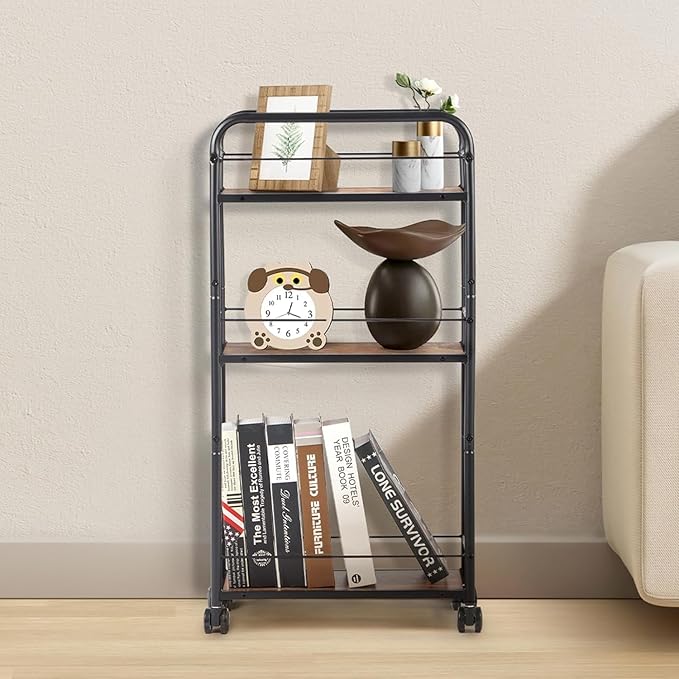 Bar Cart, Small Bar Cart for Small Spaces, 3-Tier Rolling Kitchen Cart on Wheels, Slim Narrow Liquor Cart with Protective Fence, Industrial Mini Coffee Station for Home, Rustic Brown