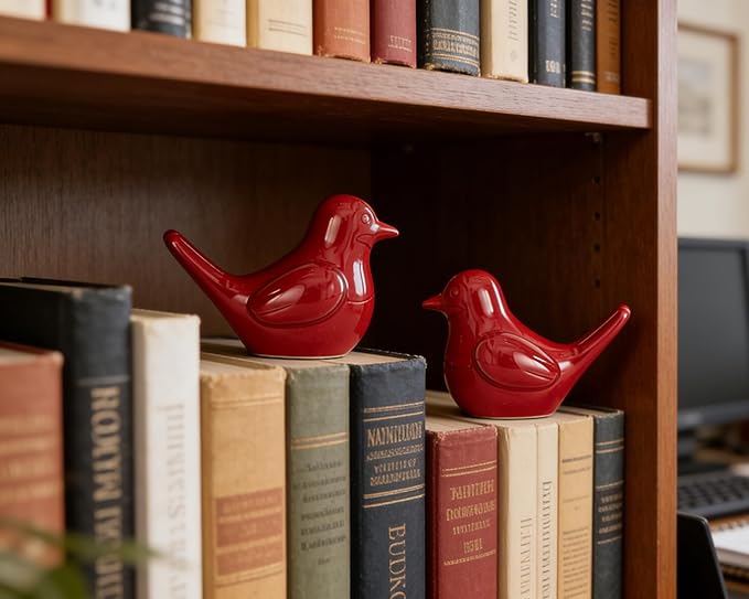 Artconal Small Red Bird Statue Ceramic 2-Piece Set, 3¾ inch Cute Knick Knack for Home Office Shelf Desk Decor