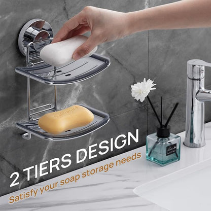 LEVERLOC Soap Dish Holder Suction Cup for Shower Wall Double Layer Drill-Free Waterproof Wall Mount Strong Suction Removable Bar Soap Sponge Holder for Bathroom Bathtub Kitchen, Chromed