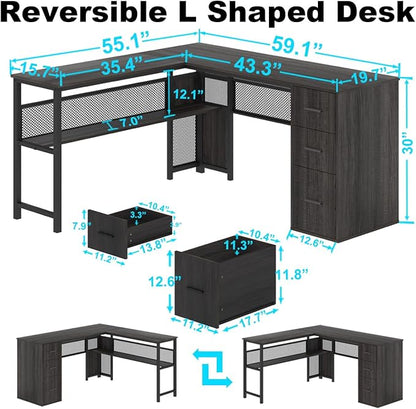 LVB L Shaped Desk, Wood Metal Computer Desk with Drawer, Industrial Corner Home Office Desk with Storage Cabinet for Bedroom, Dark Gray Oak, 59 Inch