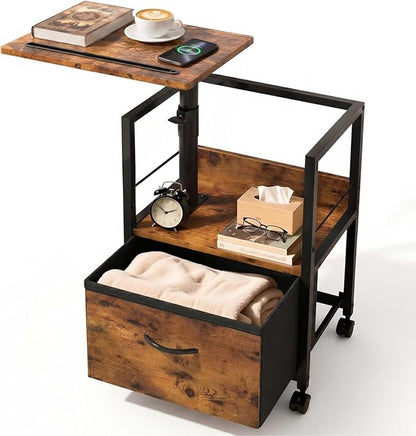 Faesun Swivel Lift Top Nightstand, Rolling Side Table for Recliner, Bedside Table with Wheels & a Fabric Drawer, for Small Spaces, for Bedroom, Living Room, Brown