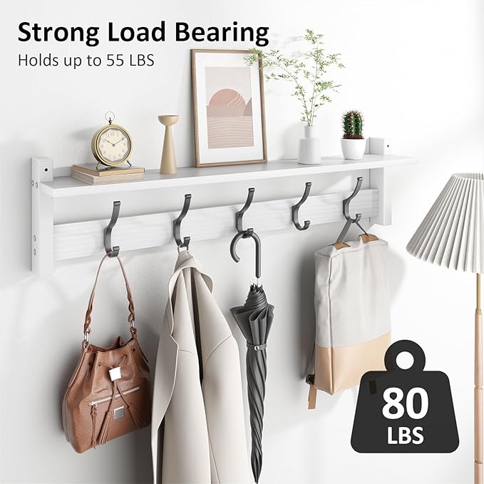 Coat Rack Wall Mount with Shelf, 29 Inch Coat Hanger Walls Mounted, Hat Rack for Walls, Shelf with 5 Coat Hooks, Wall Hanger for Entryway (White)